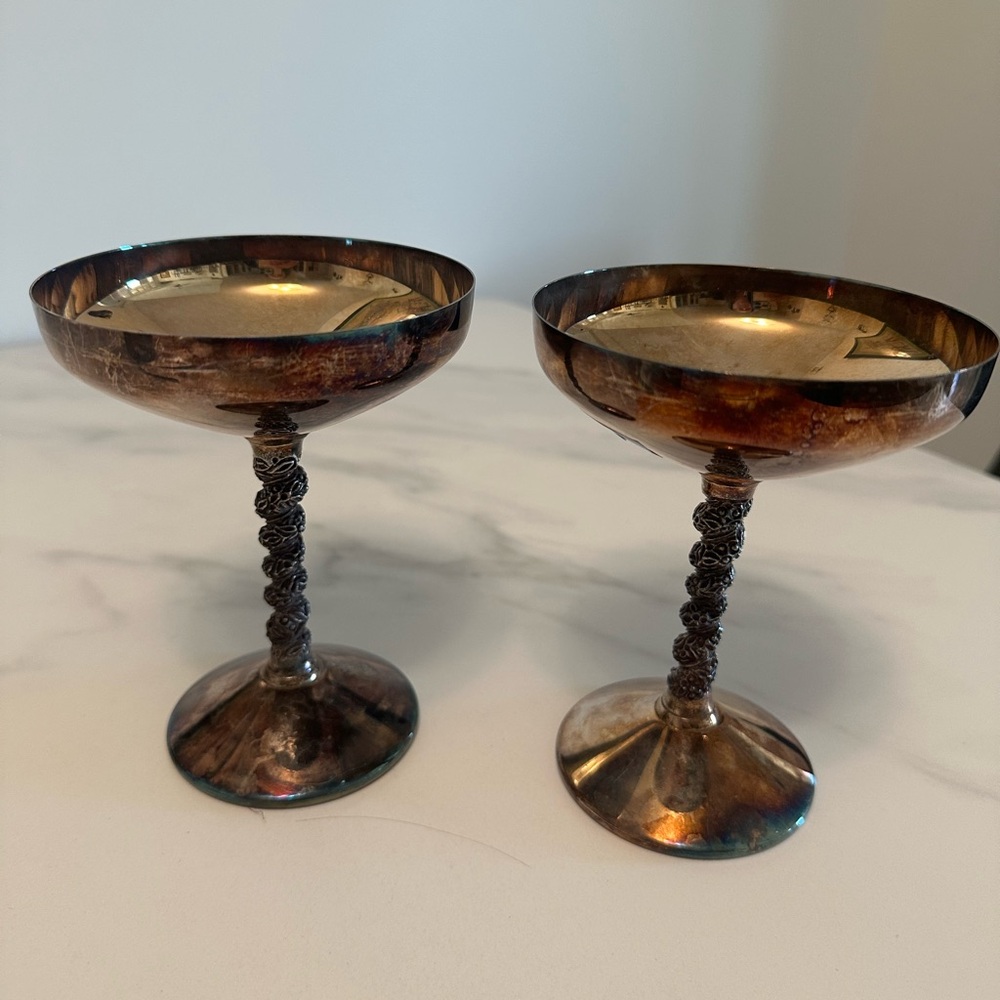 Pair of Vintage Primrose EP Brass Twisted Vine Champagne Chalices/Dessert Bowls